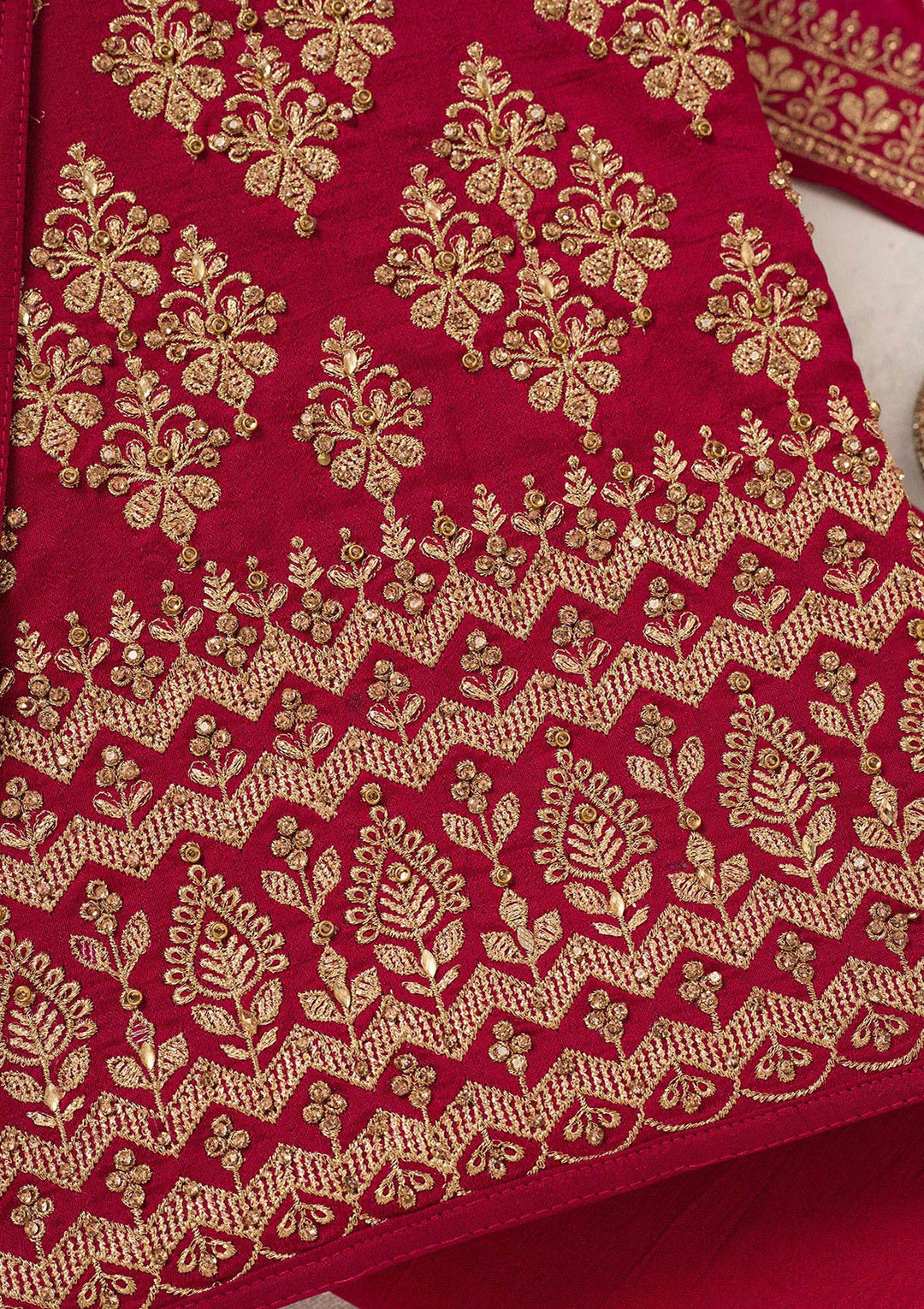 Rani Pink Soft Raw Silk Cording Unstitched Dress Material With Matching Bottom And Dupatta