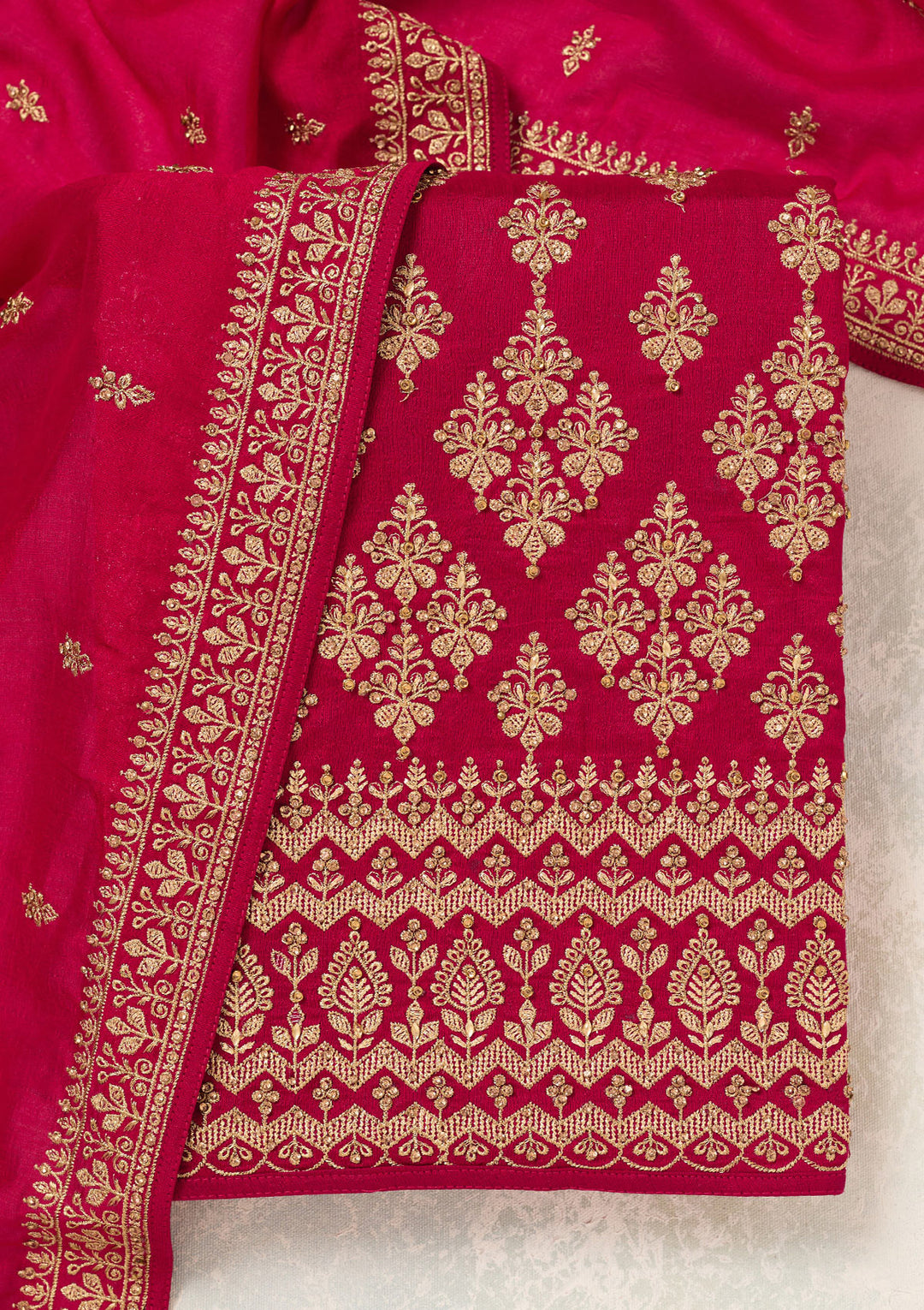 Rani Pink Soft Raw Silk Cording Unstitched Dress Material With Matching Bottom And Dupatta