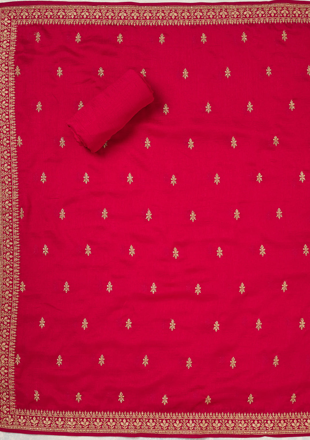 Rani Pink Soft Raw Silk Cording Unstitched Dress Material With Matching Bottom And Dupatta