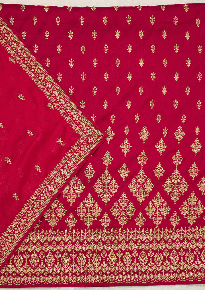 Rani Pink Soft Raw Silk Cording Unstitched Dress Material With Matching Bottom And Dupatta