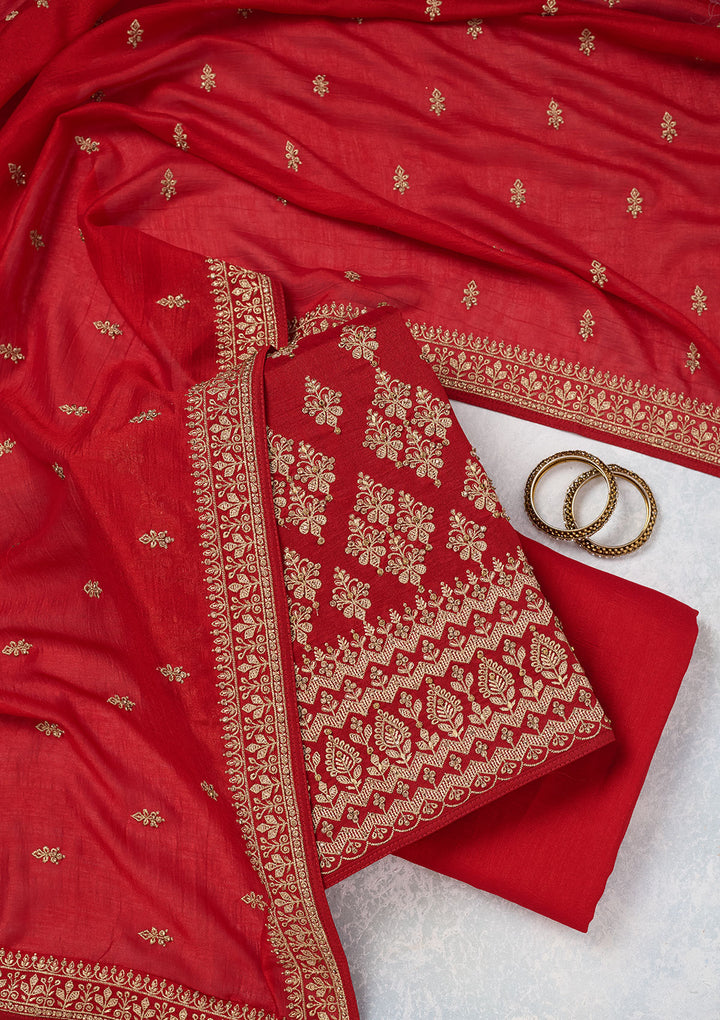 Red Zariwork (Gold) Soft Raw Silk Unstitched Salwar Suit