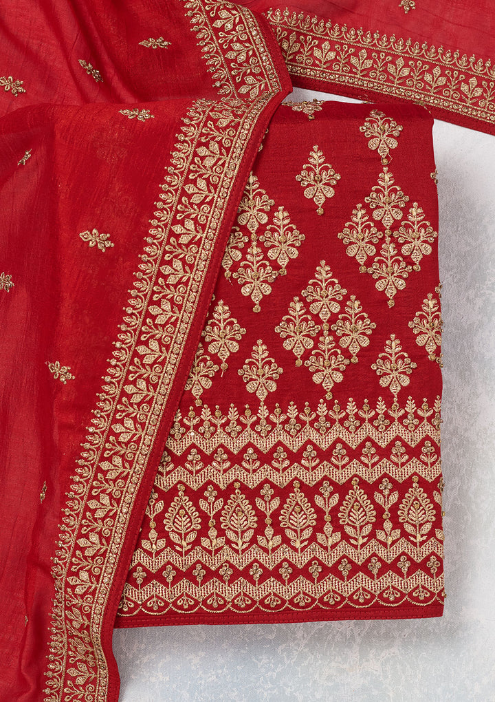 Red Zariwork (Gold) Soft Raw Silk Unstitched Salwar Suit