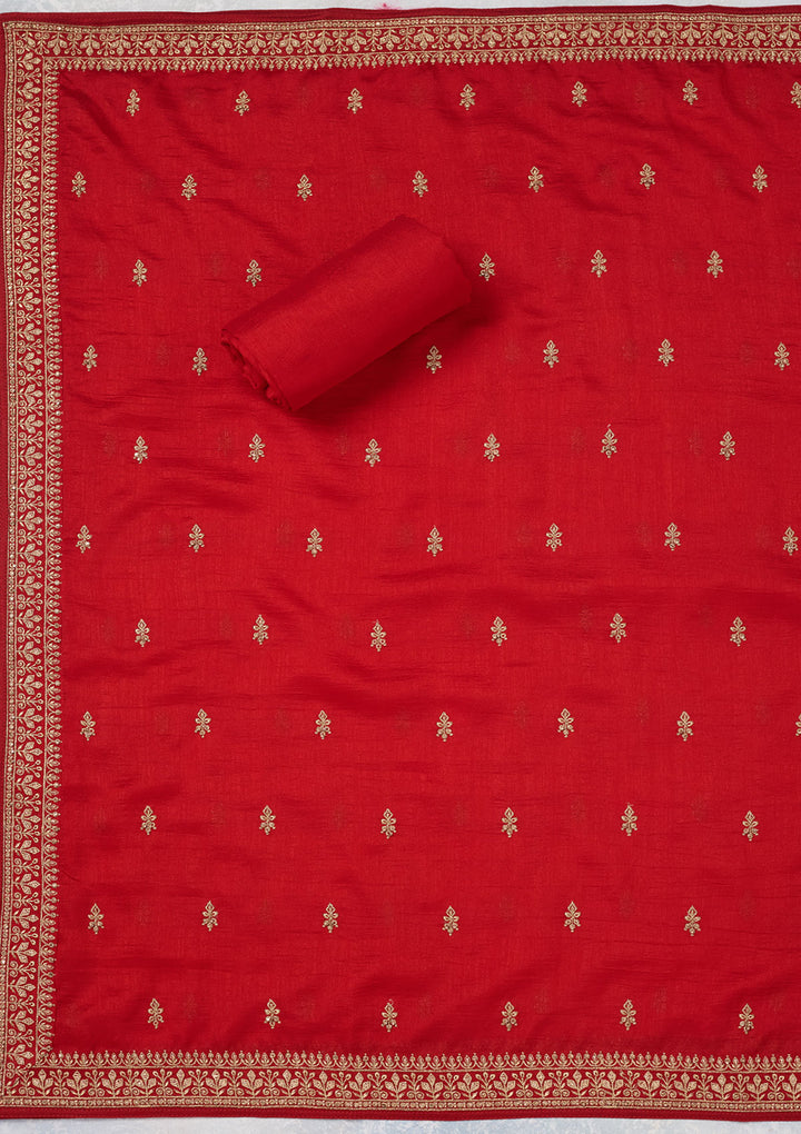 Red Zariwork (Gold) Soft Raw Silk Unstitched Salwar Suit