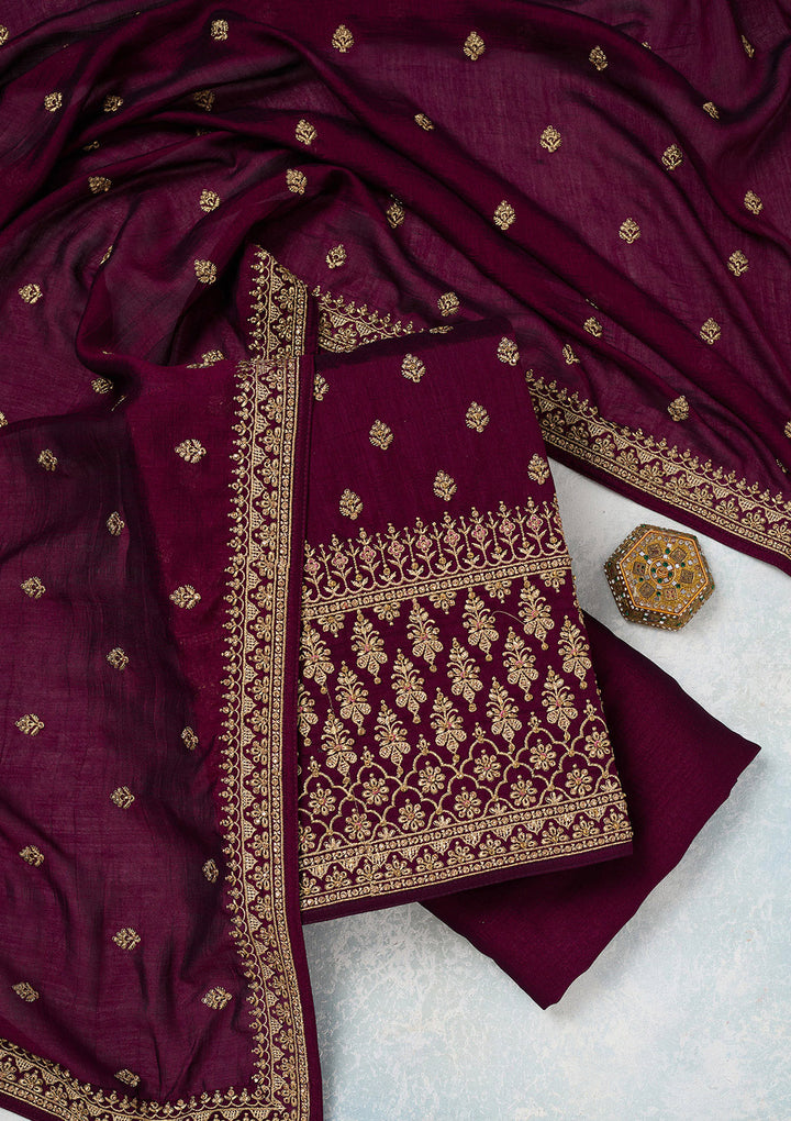 Wine Soft Raw Silk Cording Unstitched Dress Material With Matching Bottom And Dupatta