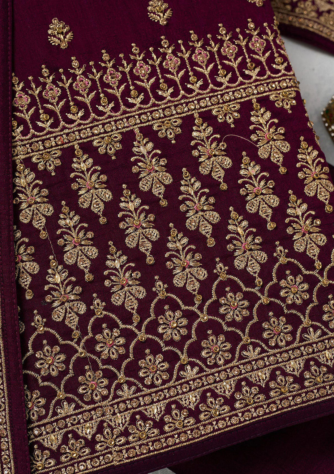 Wine Soft Raw Silk Cording Unstitched Dress Material With Matching Bottom And Dupatta
