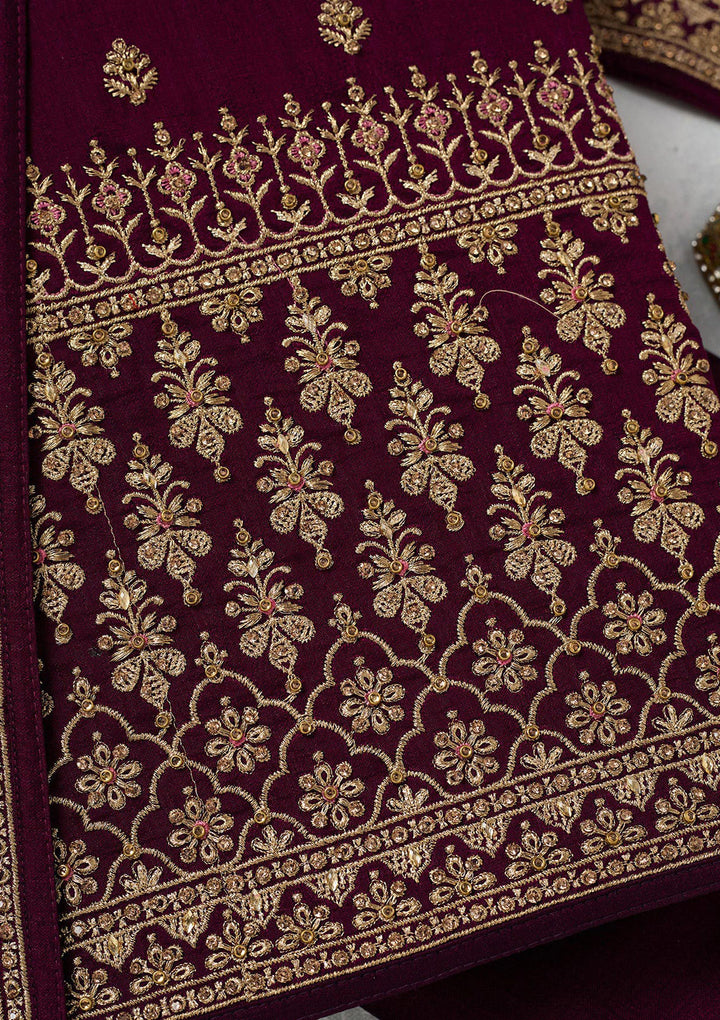 Wine Soft Raw Silk Cording Unstitched Dress Material With Matching Bottom And Dupatta