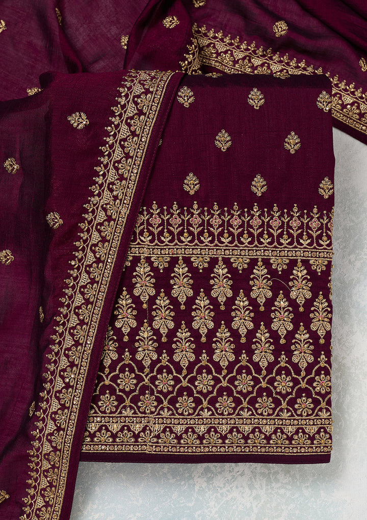 Wine Soft Raw Silk Cording Unstitched Dress Material With Matching Bottom And Dupatta