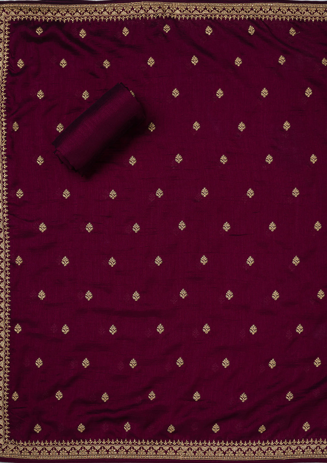 Wine Soft Raw Silk Cording Unstitched Dress Material With Matching Bottom And Dupatta