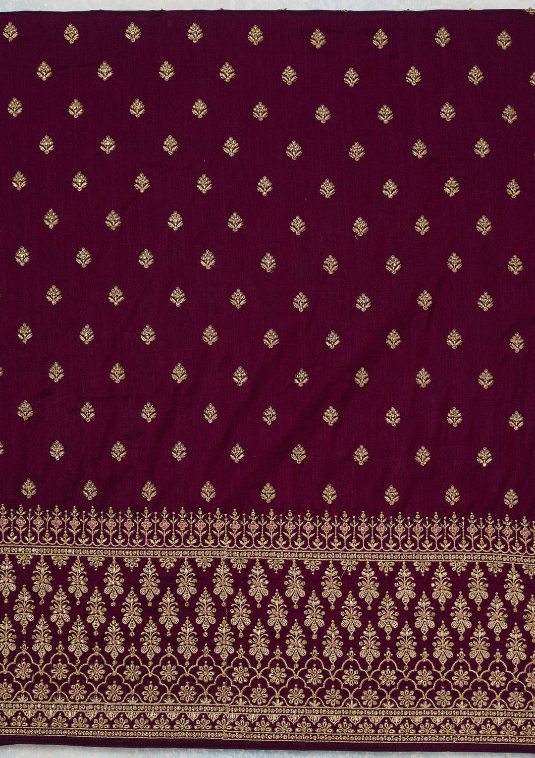 Wine Soft Raw Silk Cording Unstitched Dress Material With Matching Bottom And Dupatta