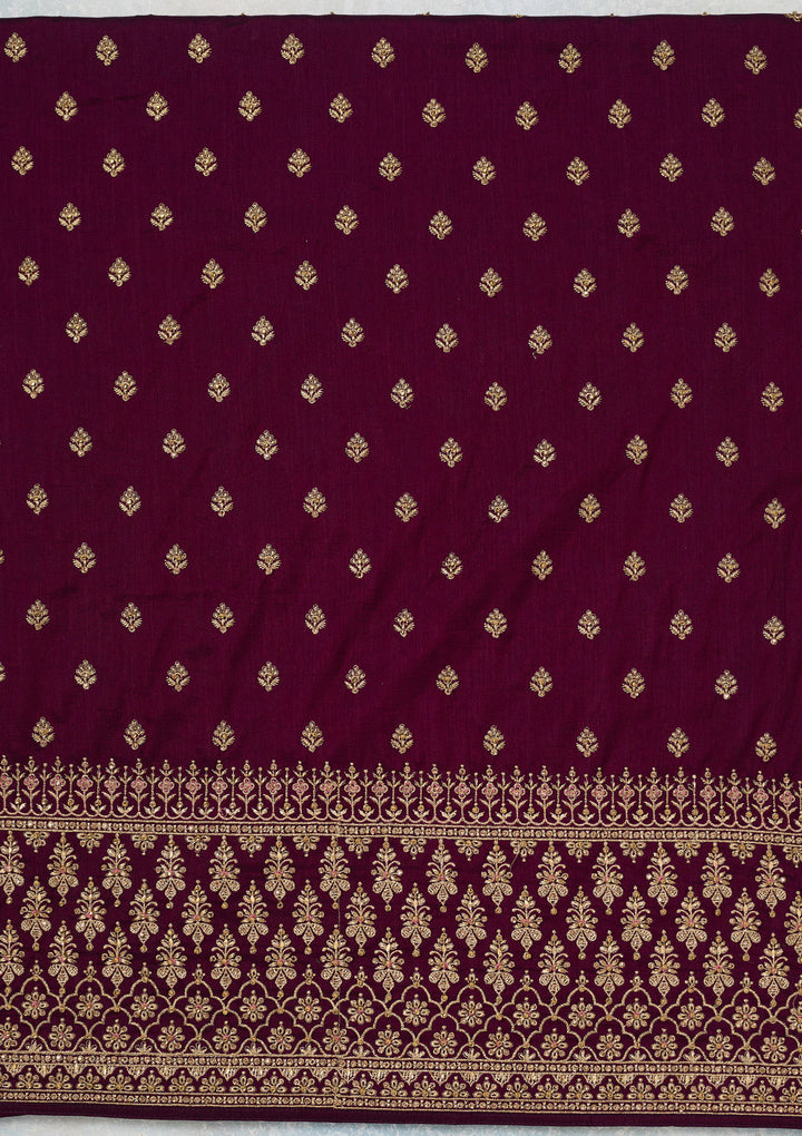 Wine Soft Raw Silk Cording Unstitched Dress Material With Matching Bottom And Dupatta