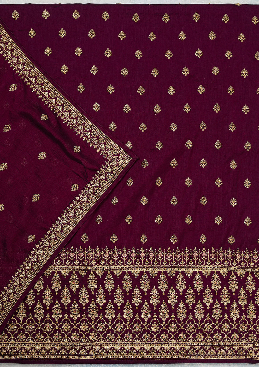 Wine Soft Raw Silk Cording Unstitched Dress Material With Matching Bottom And Dupatta