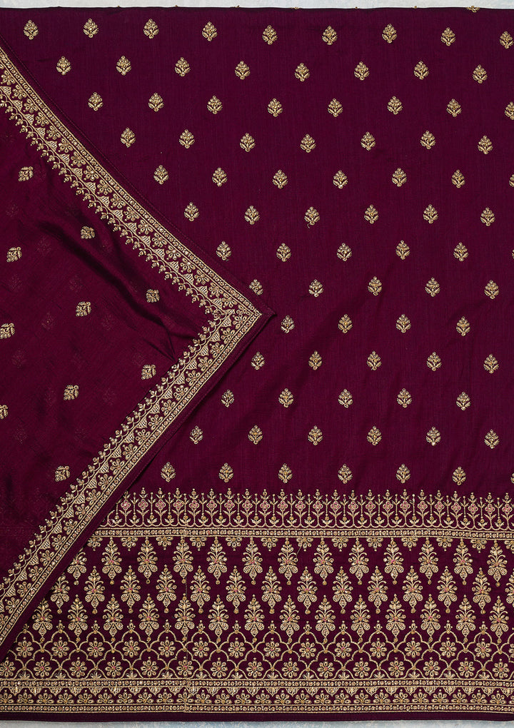 Wine Soft Raw Silk Cording Unstitched Dress Material With Matching Bottom And Dupatta