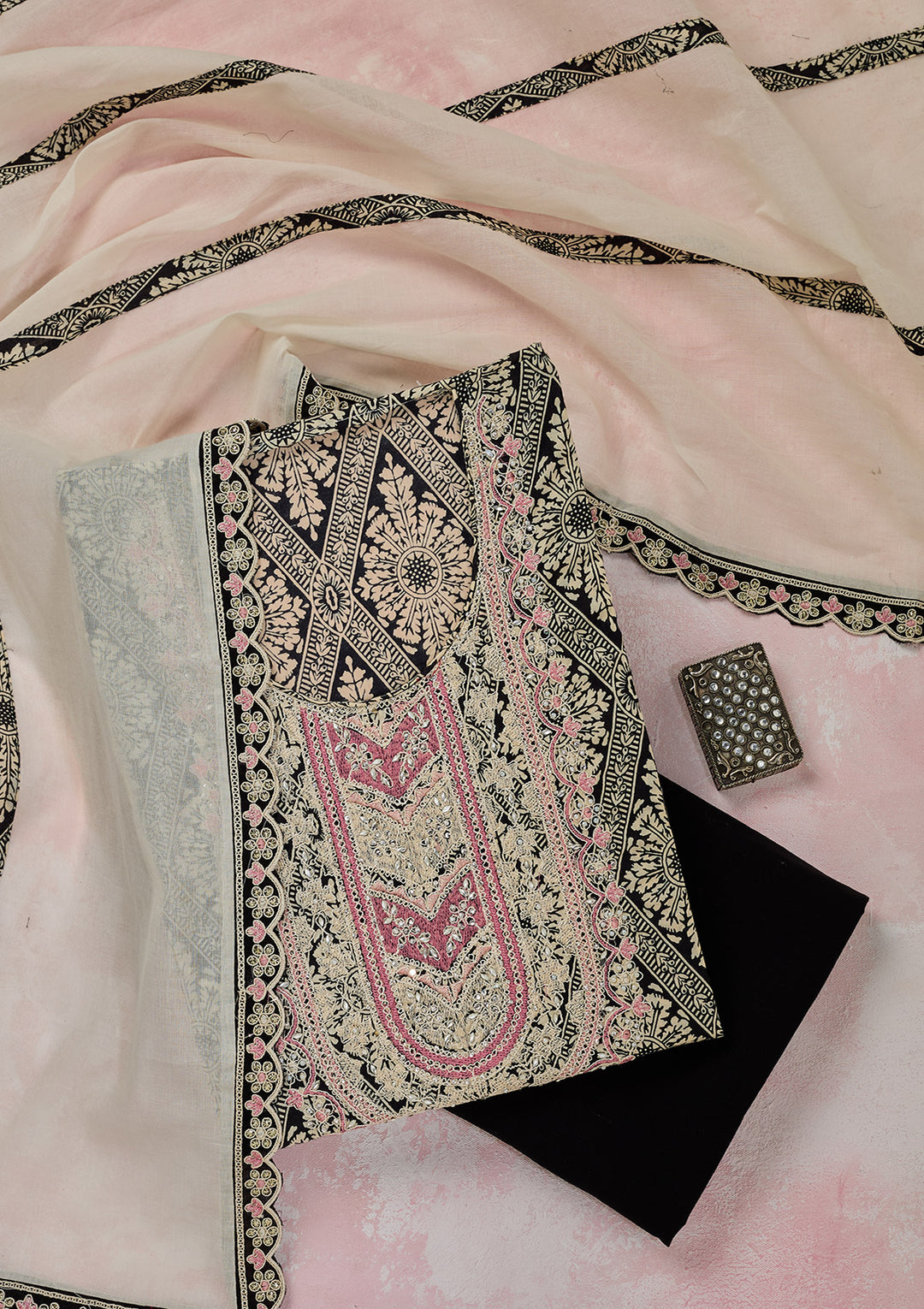 Off White Black Cotton Threadwork Unstitched Dress Material With Matching Bottom And Dupatta