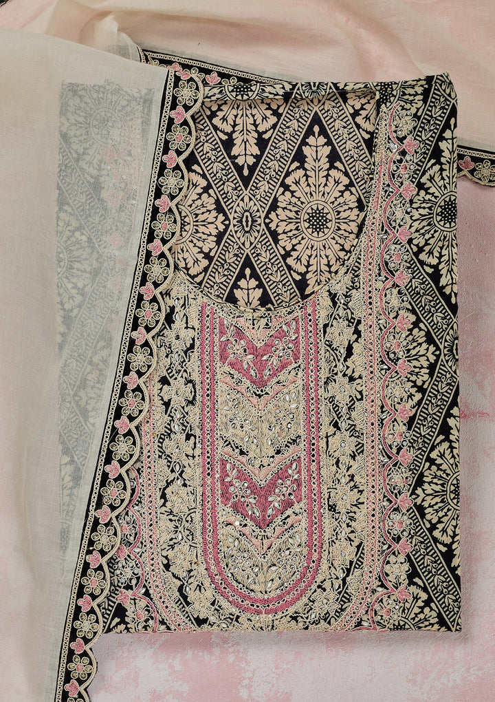 Off White Black Cotton Threadwork Unstitched Dress Material With Matching Bottom And Dupatta