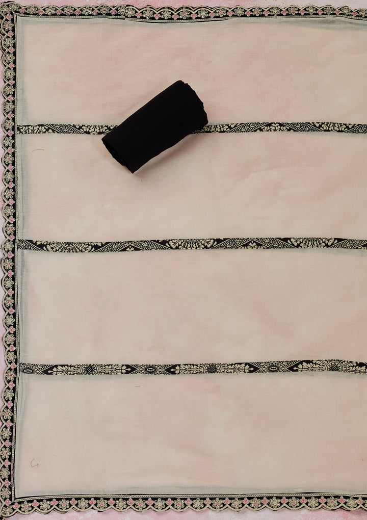 Off White Black Cotton Threadwork Unstitched Dress Material With Matching Bottom And Dupatta