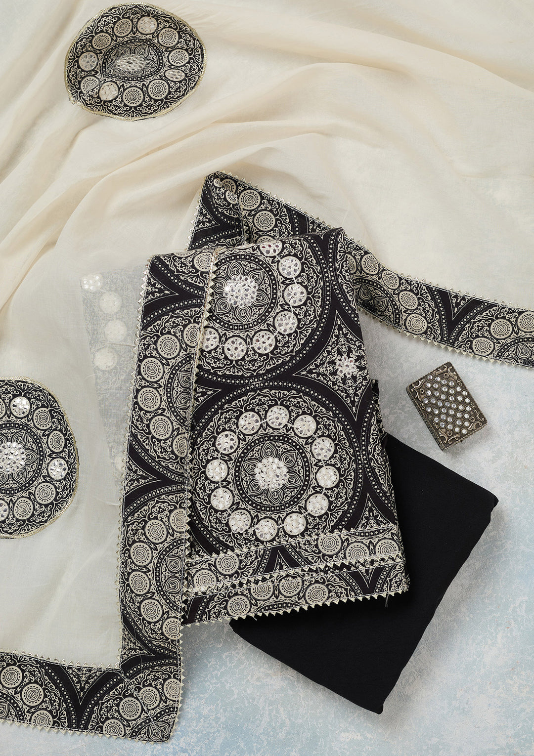 Off White Black Cotton Threadwork Unstitched Dress Material With Matching Bottom And Dupatta