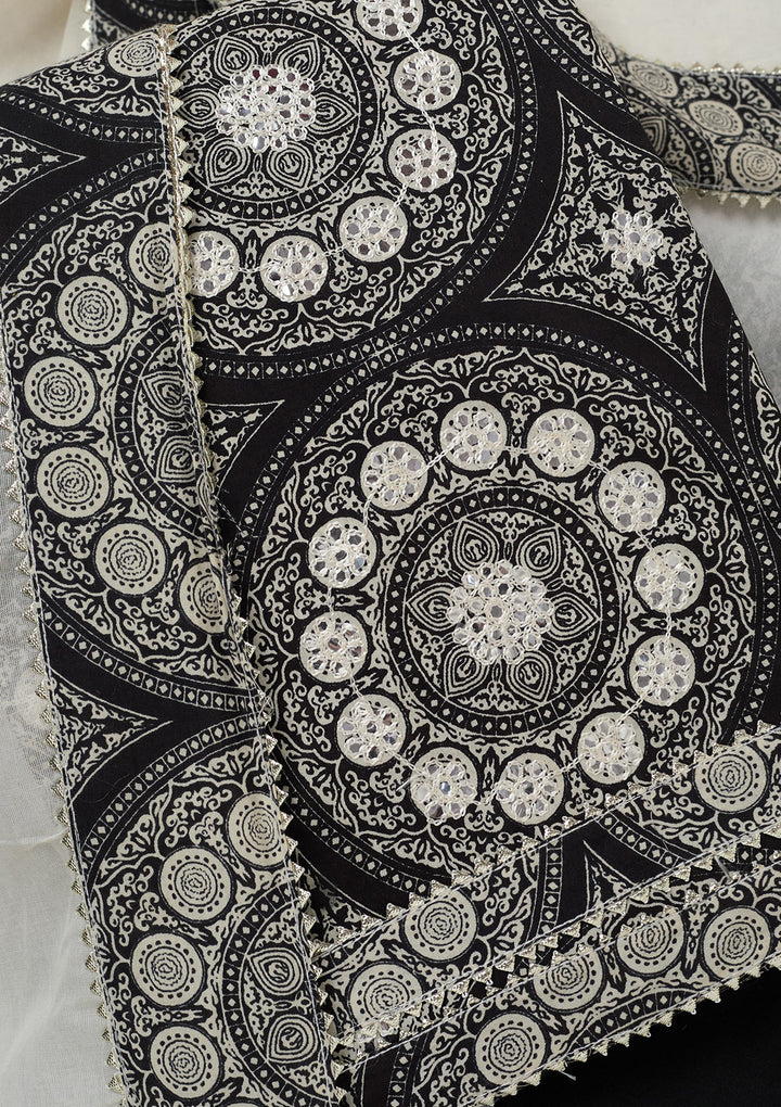 Off White Black Cotton Threadwork Unstitched Dress Material With Matching Bottom And Dupatta