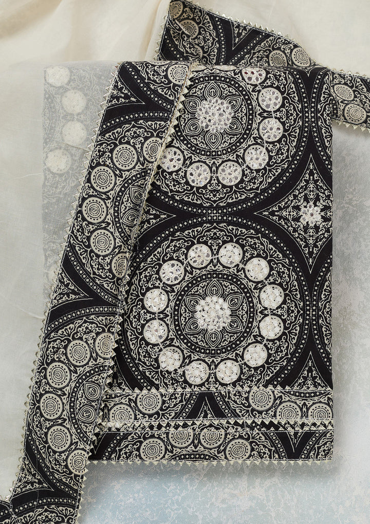 Off White Black Cotton Threadwork Unstitched Dress Material With Matching Bottom And Dupatta
