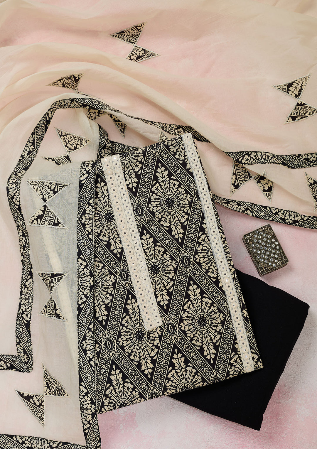 Off White Black Cotton Threadwork Unstitched Dress Material With Matching Bottom And Dupatta