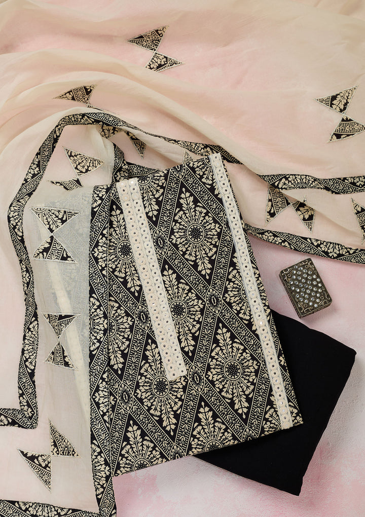 Off White Black Cotton Threadwork Unstitched Dress Material With Matching Bottom And Dupatta