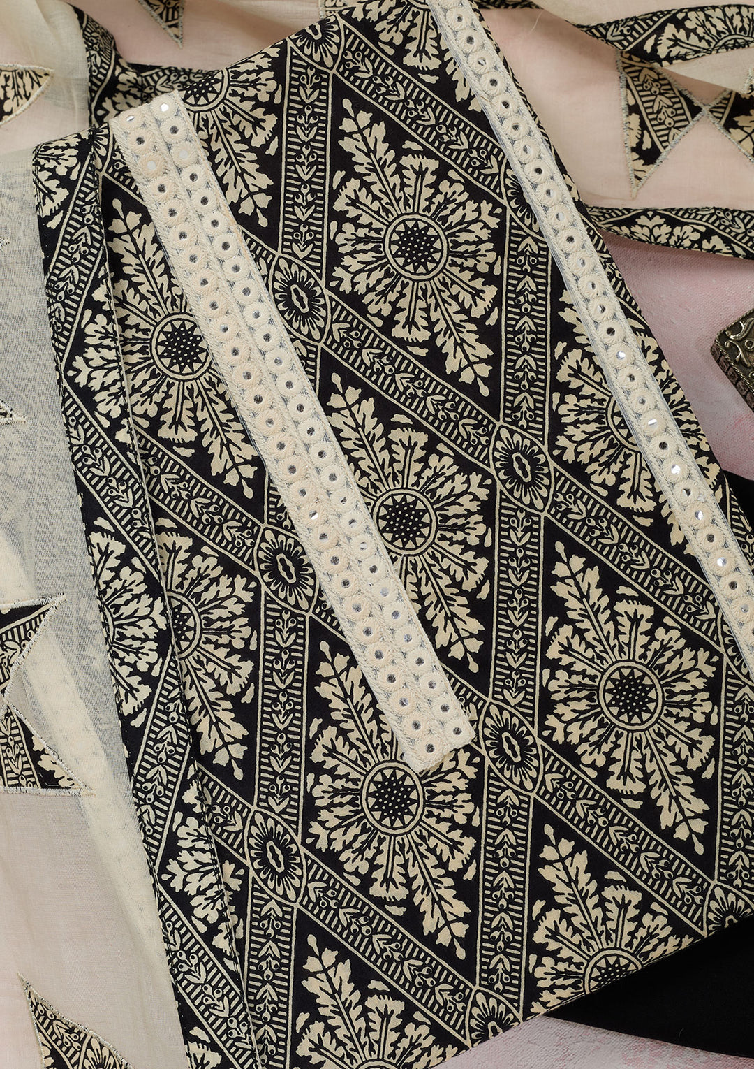 Off White Black Cotton Threadwork Unstitched Dress Material With Matching Bottom And Dupatta