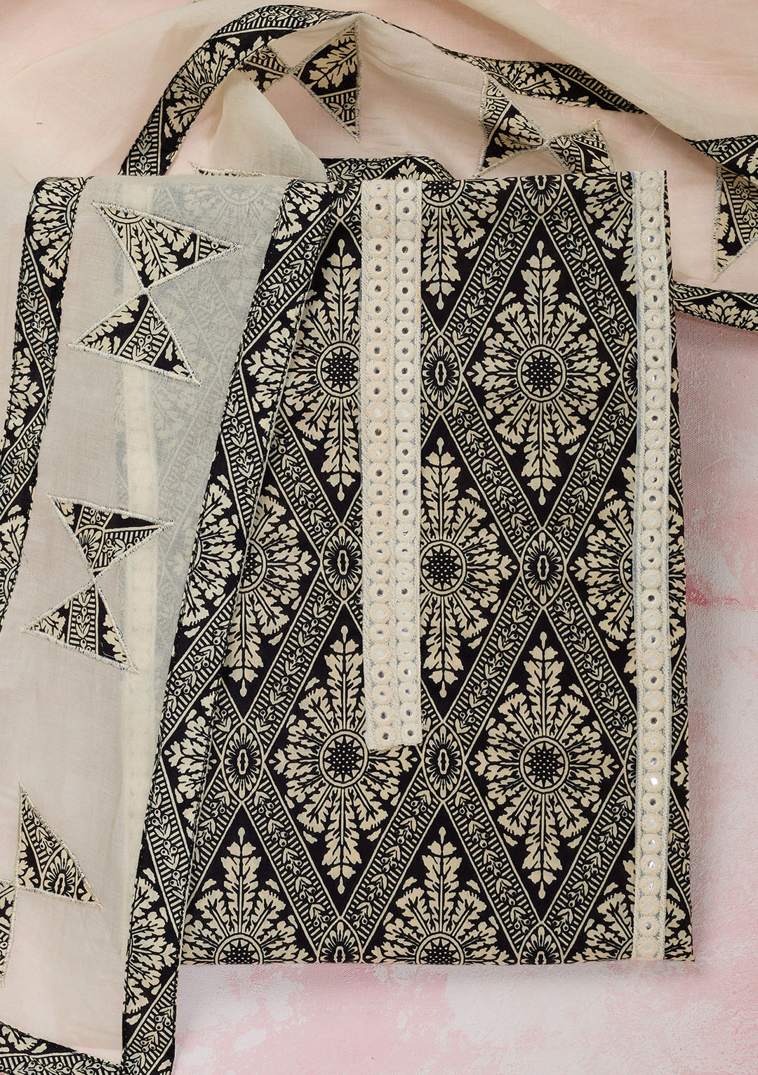 Off White Black Cotton Threadwork Unstitched Dress Material With Matching Bottom And Dupatta
