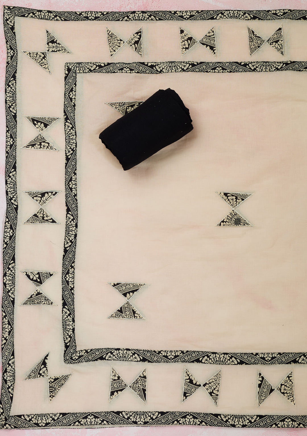 Off White Black Cotton Threadwork Unstitched Dress Material With Matching Bottom And Dupatta