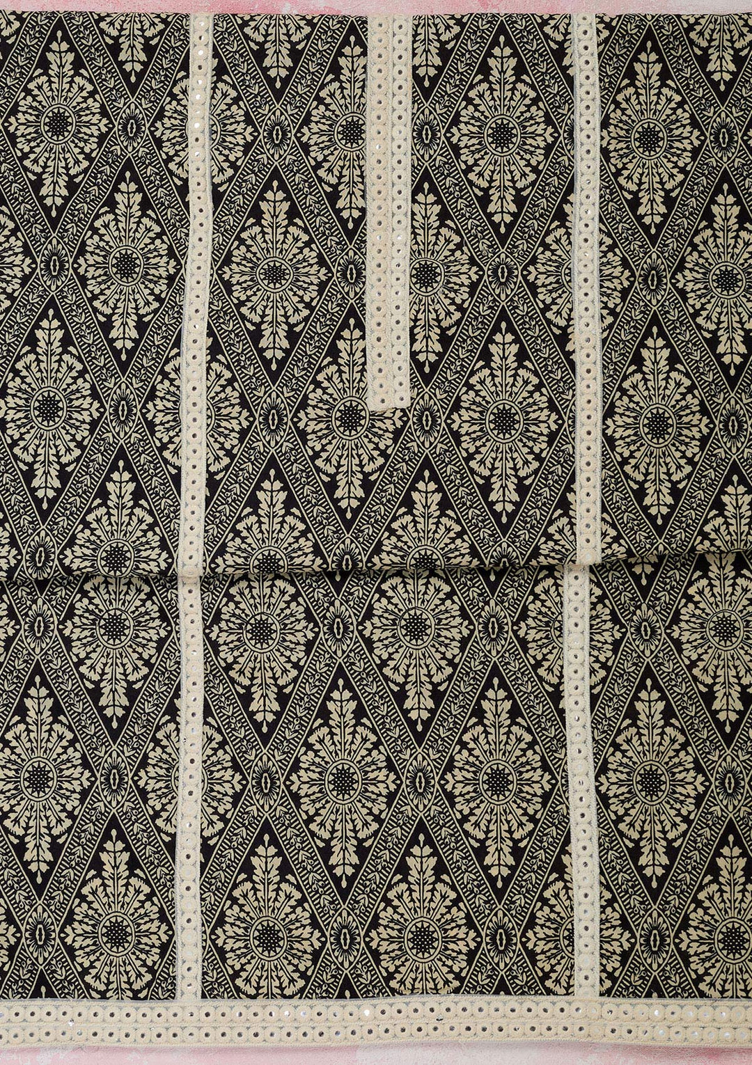 Off White Black Cotton Threadwork Unstitched Dress Material With Matching Bottom And Dupatta