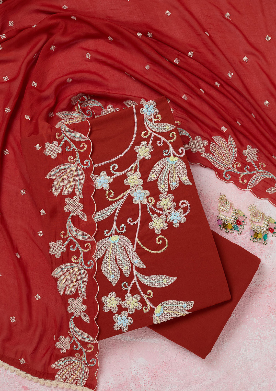 Rust Cotton Threadwork Unstitched Dress Material With Matching Bottom And Dupatta