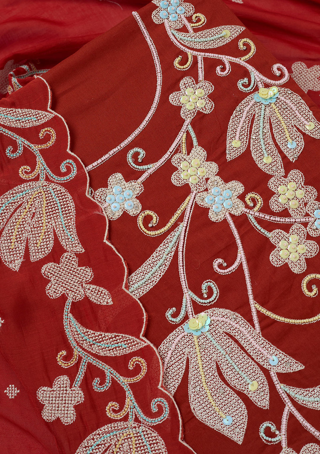 Rust Cotton Threadwork Unstitched Dress Material With Matching Bottom And Dupatta