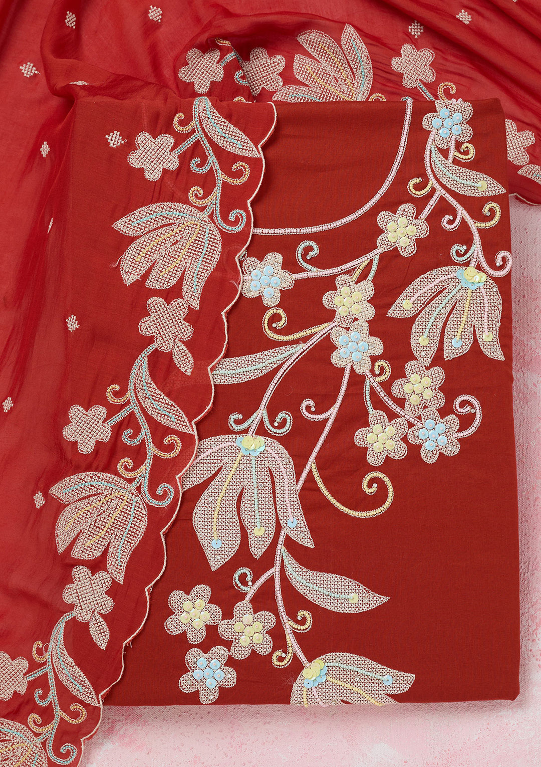 Rust Cotton Threadwork Unstitched Dress Material With Matching Bottom And Dupatta