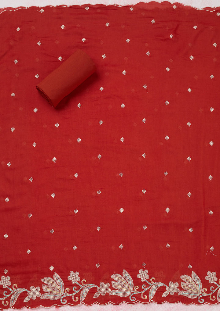 Rust Cotton Threadwork Unstitched Dress Material With Matching Bottom And Dupatta