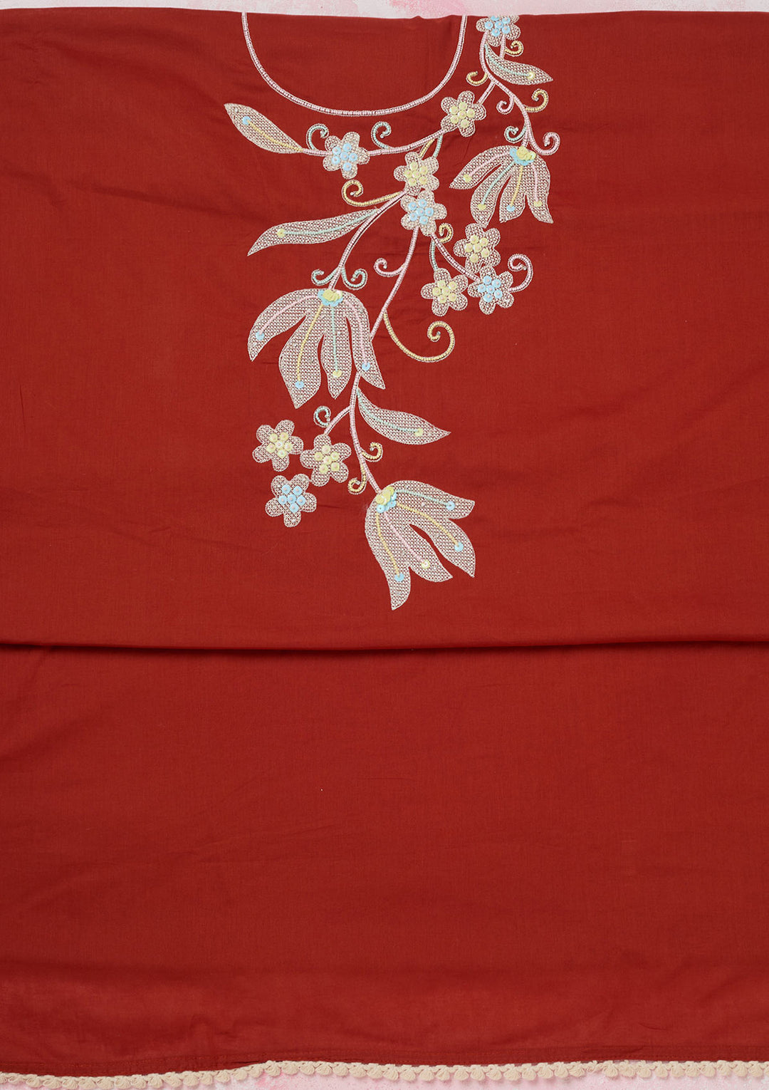 Rust Cotton Threadwork Unstitched Dress Material With Matching Bottom And Dupatta