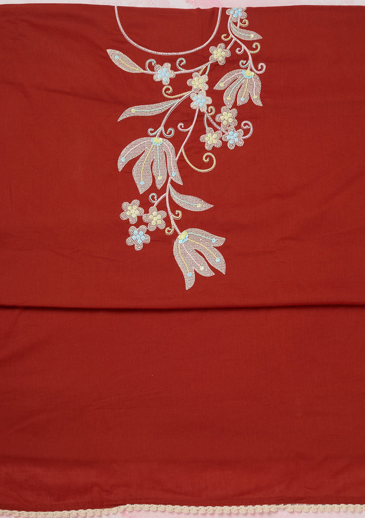 Rust Cotton Threadwork Unstitched Dress Material With Matching Bottom And Dupatta