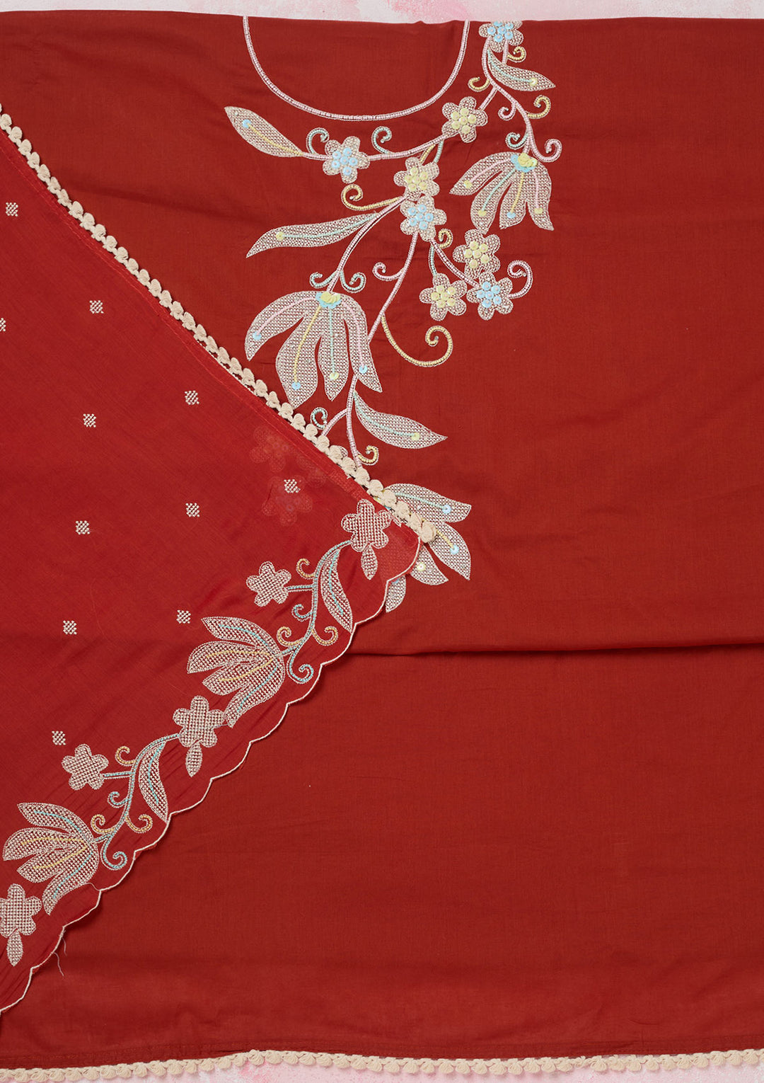 Rust Cotton Threadwork Unstitched Dress Material With Matching Bottom And Dupatta