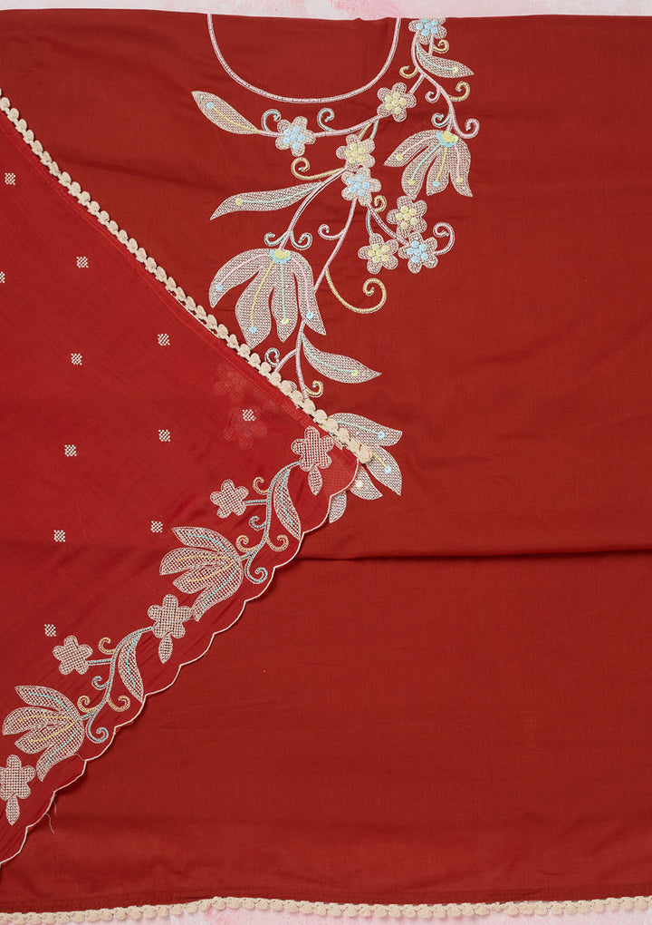 Rust Cotton Threadwork Unstitched Dress Material With Matching Bottom And Dupatta