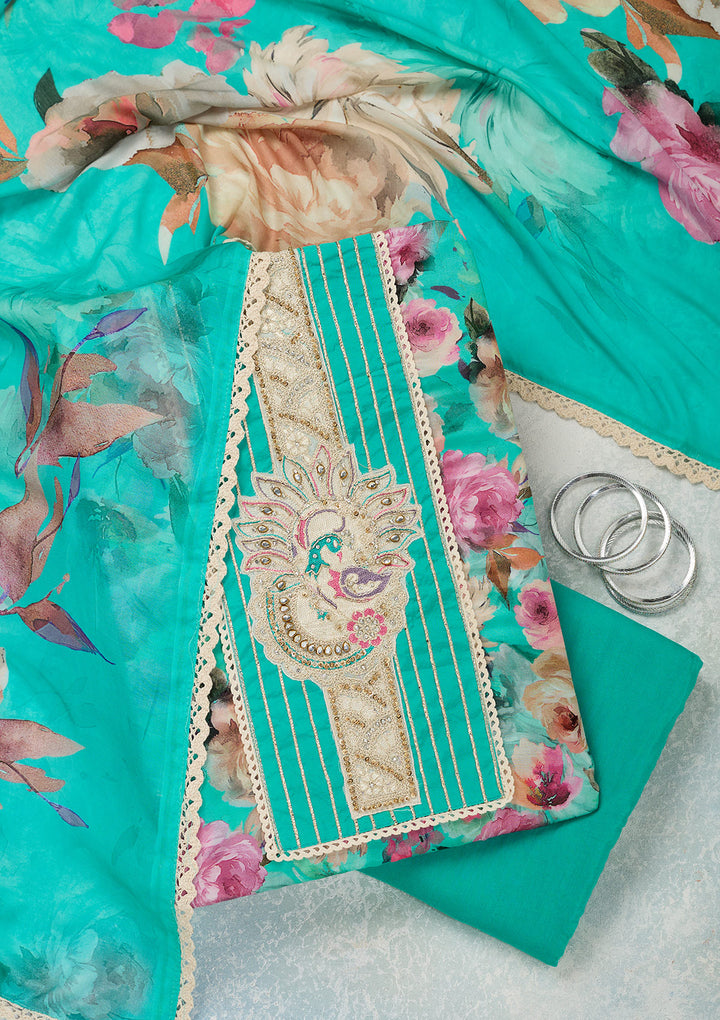 Turquoise Blue Cotton Floral Threadwork Unstitched Dress Material With Matching Bottom And Dupatta