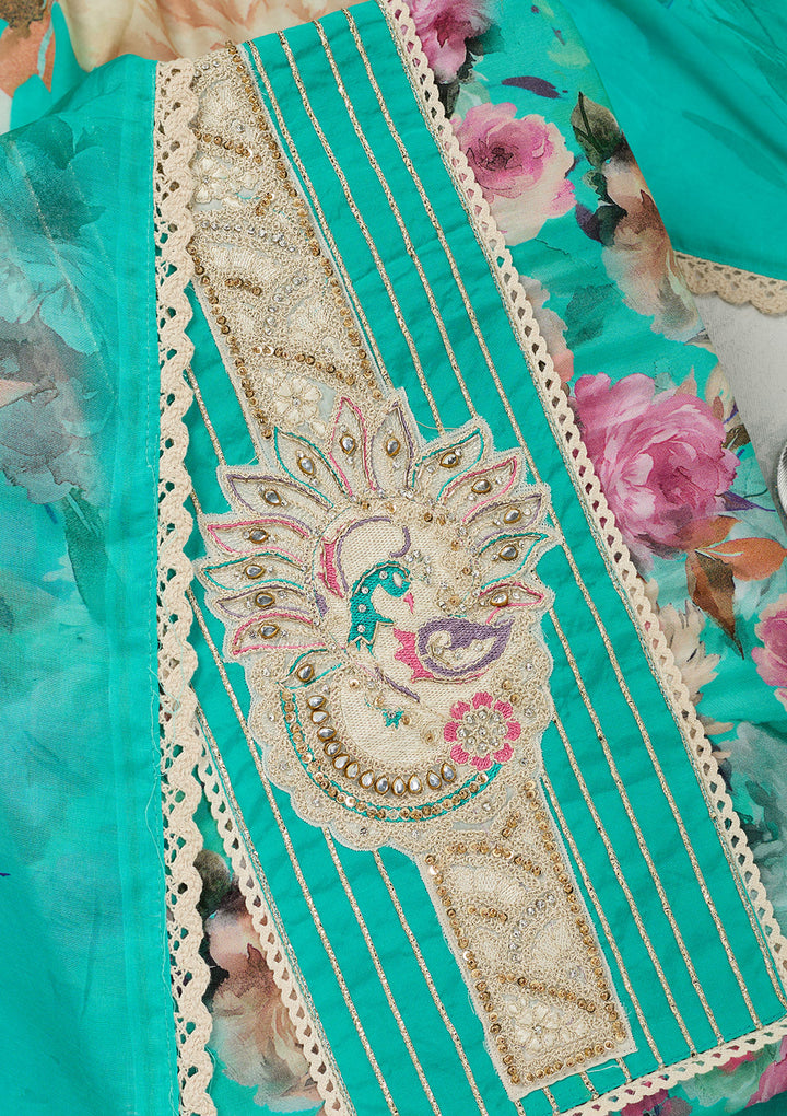 Turquoise Blue Cotton Floral Threadwork Unstitched Dress Material With Matching Bottom And Dupatta