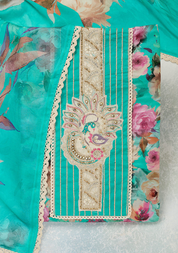 Turquoise Blue Cotton Floral Threadwork Unstitched Dress Material With Matching Bottom And Dupatta