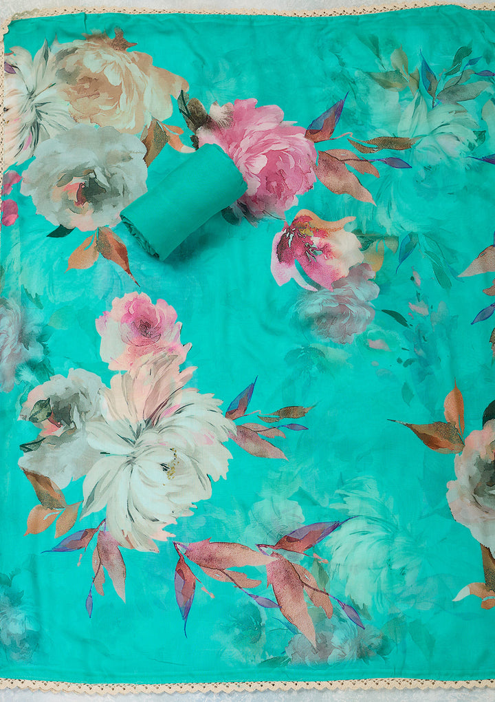 Turquoise Blue Cotton Floral Threadwork Unstitched Dress Material With Matching Bottom And Dupatta