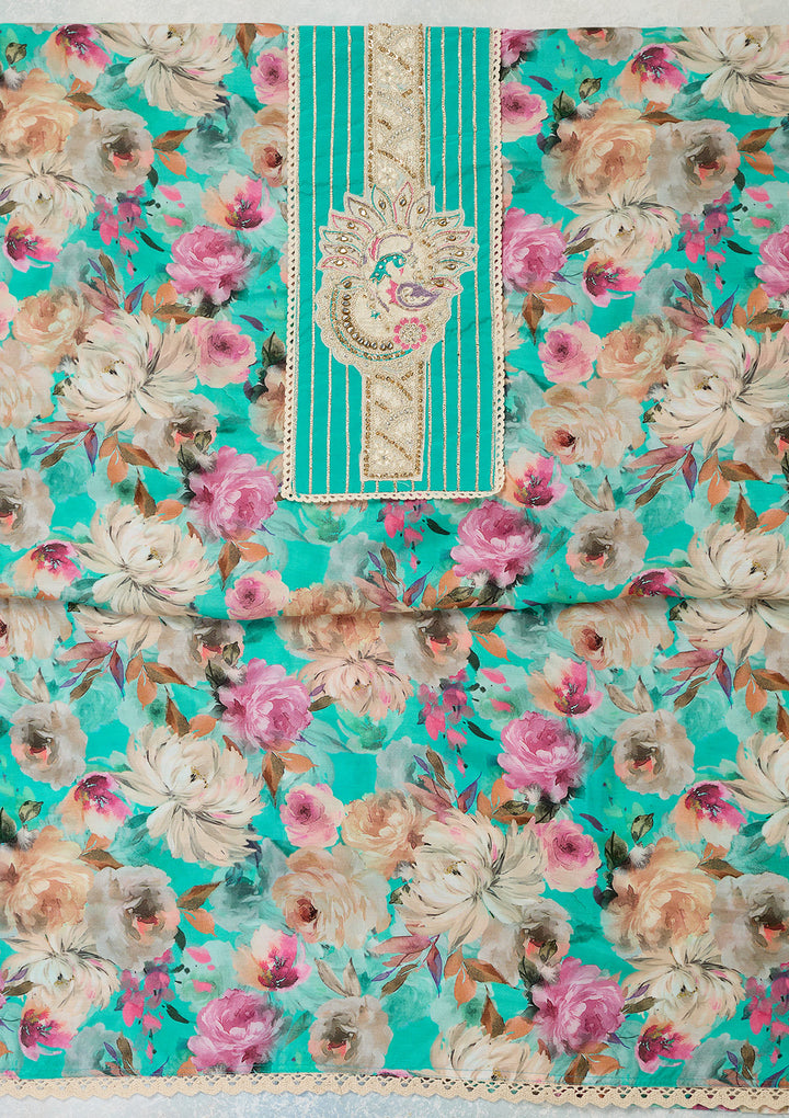 Turquoise Blue Cotton Floral Threadwork Unstitched Dress Material With Matching Bottom And Dupatta