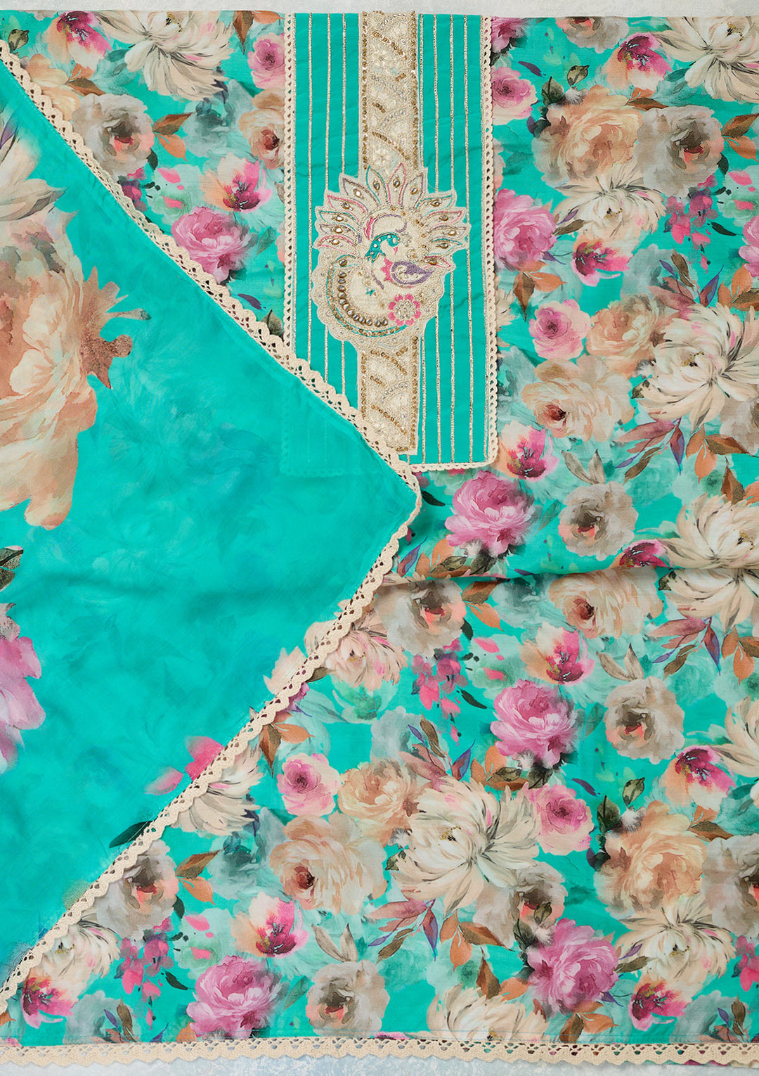 Turquoise Blue Cotton Floral Threadwork Unstitched Dress Material With Matching Bottom And Dupatta