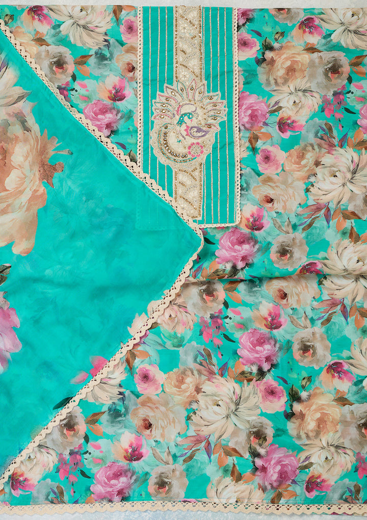 Turquoise Blue Cotton Floral Threadwork Unstitched Dress Material With Matching Bottom And Dupatta