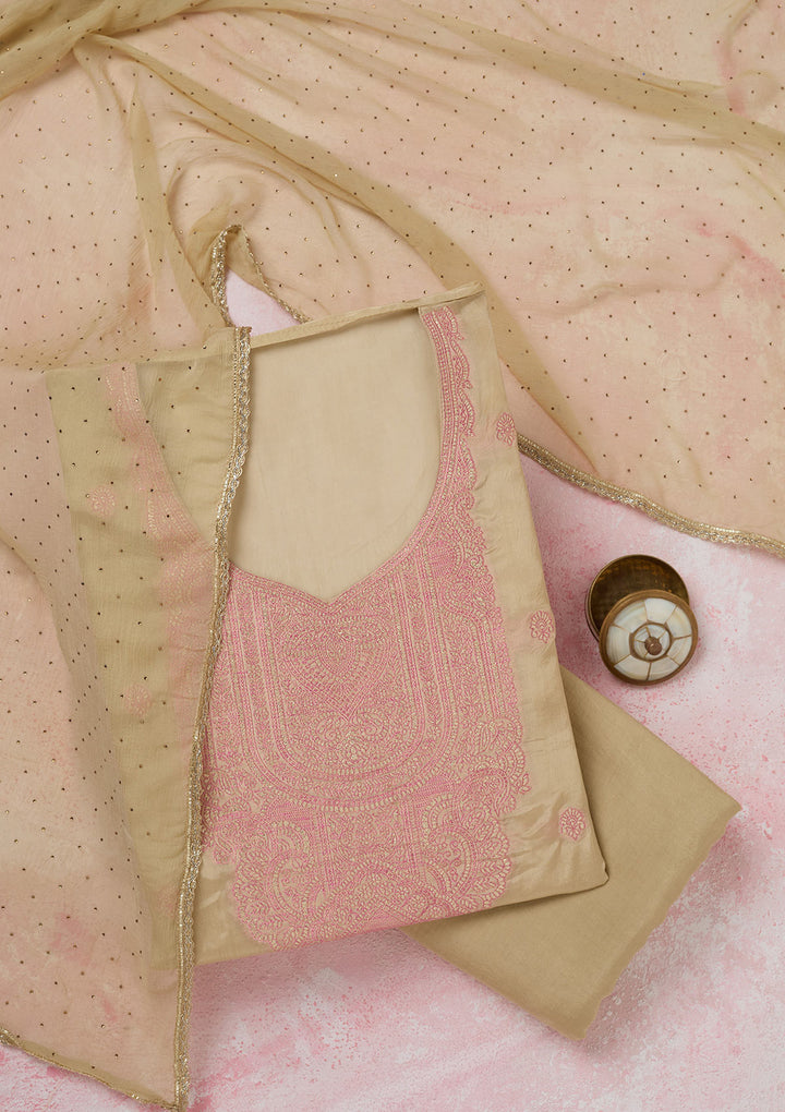 Beige Georgette Threadwork Unstitched Dress Material With Matching Bottom And Dupatta