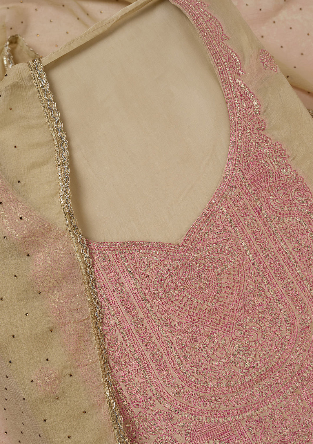 Beige Georgette Threadwork Unstitched Dress Material With Matching Bottom And Dupatta