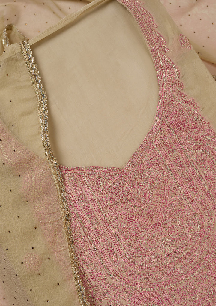 Beige Georgette Threadwork Unstitched Dress Material With Matching Bottom And Dupatta