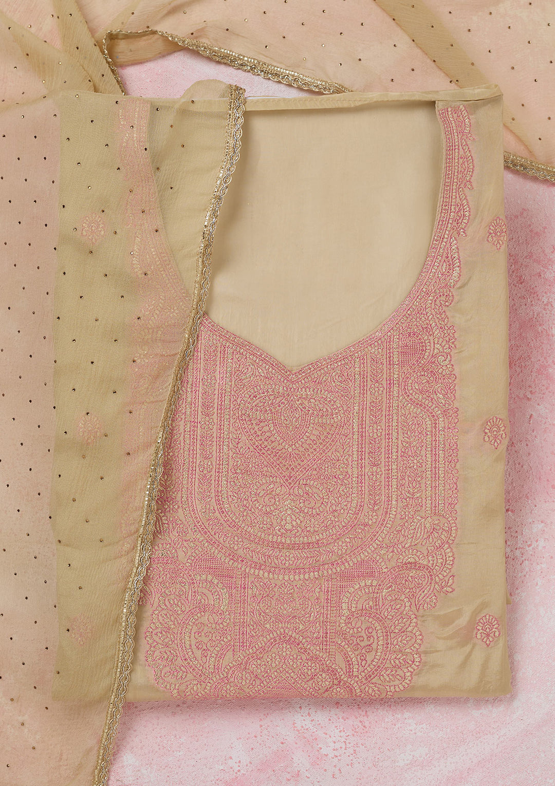 Beige Georgette Threadwork Unstitched Dress Material With Matching Bottom And Dupatta