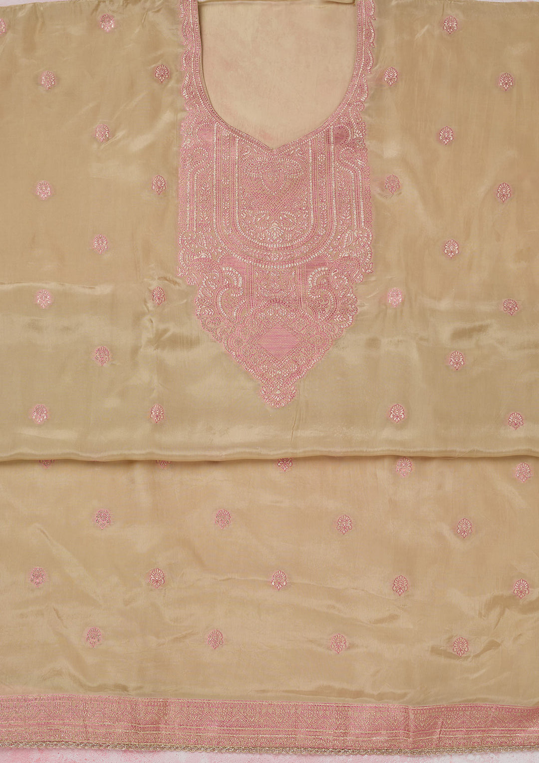 Beige Georgette Threadwork Unstitched Dress Material With Matching Bottom And Dupatta