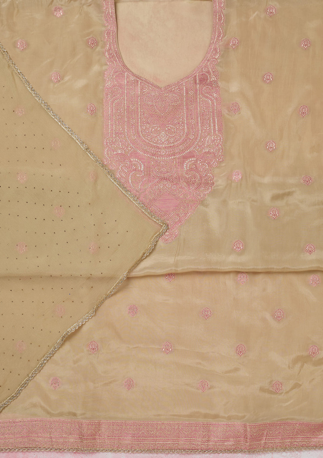 Beige Georgette Threadwork Unstitched Dress Material With Matching Bottom And Dupatta