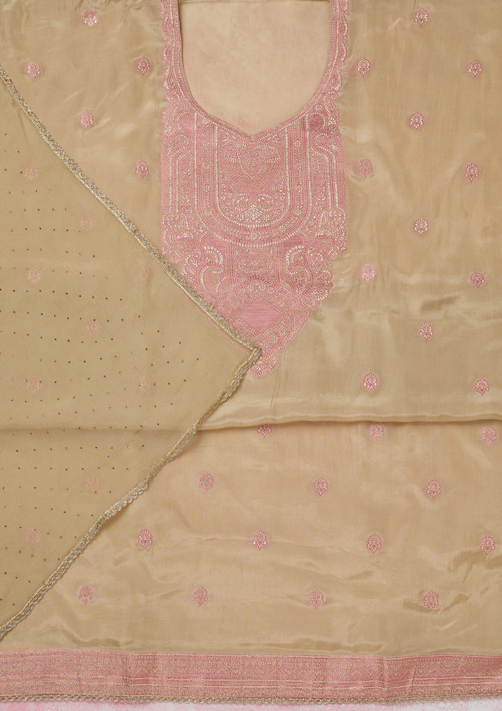 Beige Georgette Threadwork Unstitched Dress Material With Matching Bottom And Dupatta